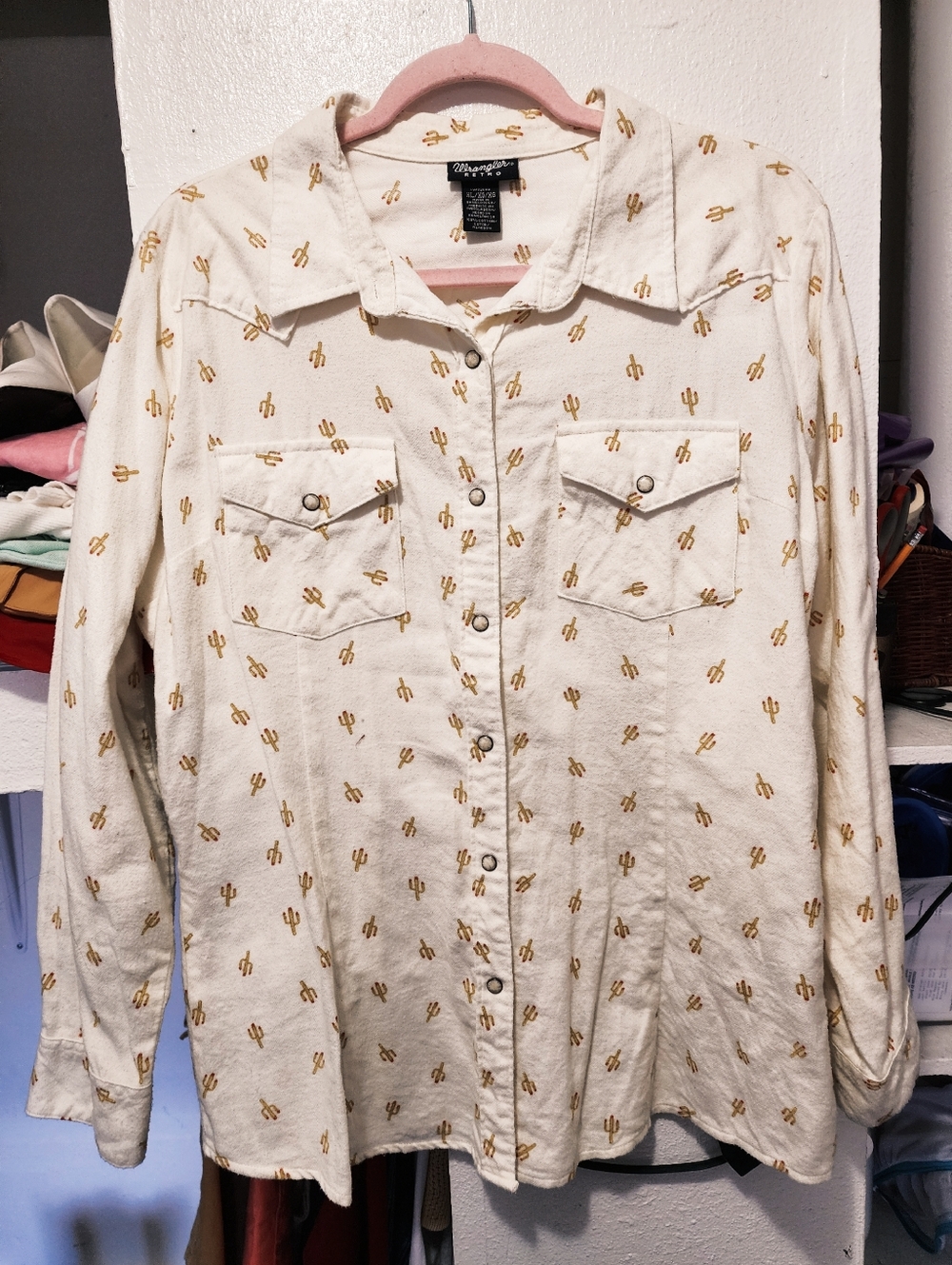 "WRANGLER" WOMEN'S FLANNEL COTTON LONG SLEEVE PEARL SNAP - CREAM